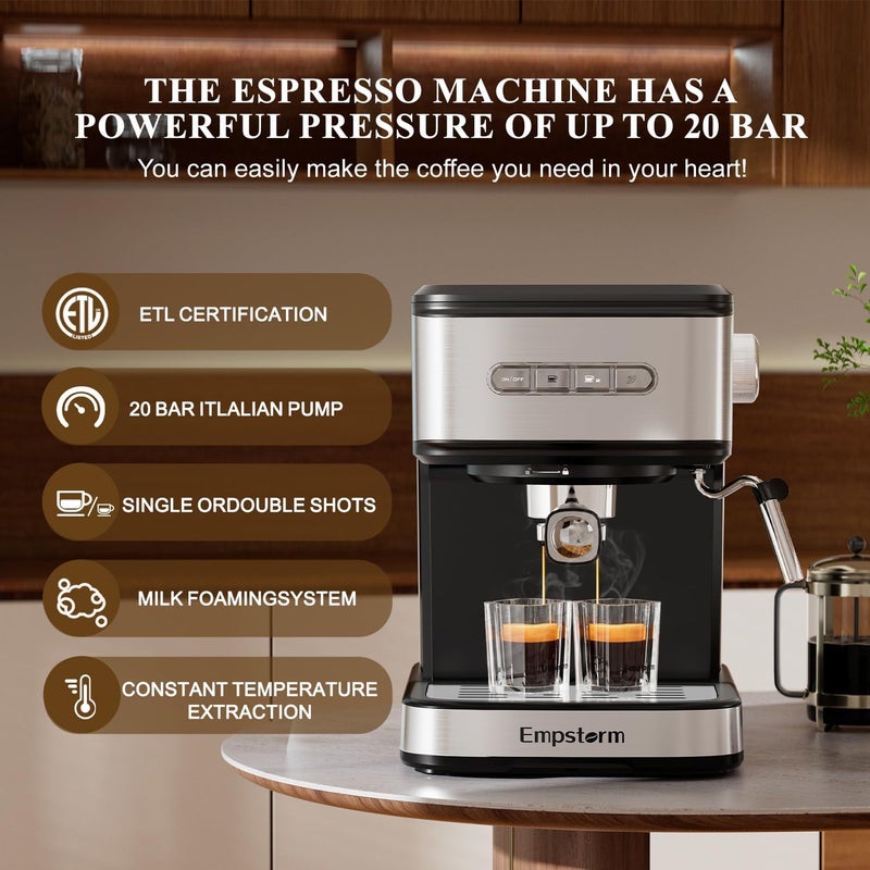 Empstorm 20 Bar Espresso Machine, Cappuccino Machines with Milk Frother Steam Wand, Latte Machine for Home&Barista, Automatic Shut-off Function - Image 2